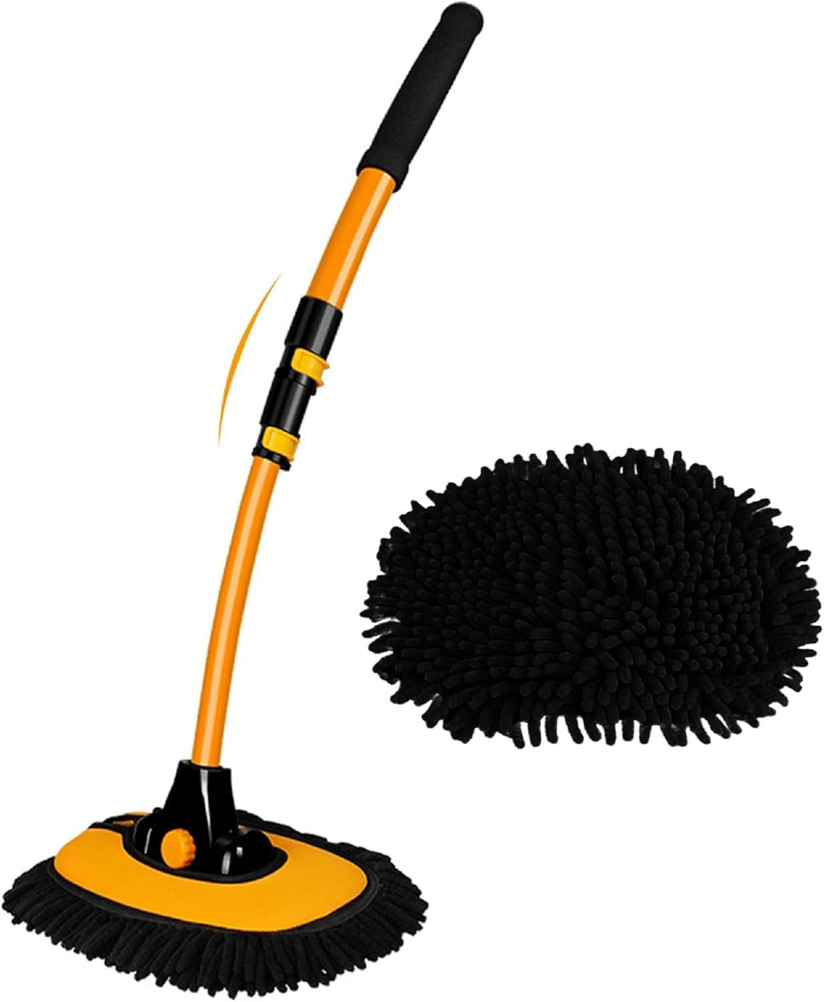 57'' Car Wash Brush with Long Handle Chenille Microfiber Car Wash Kit， Mitt Retractable Bent Pole Car Wash Brush for Cars RV Truck Boat (Yellow)