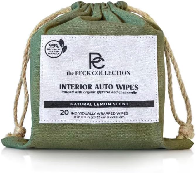 99% Naturally Derived Interior Auto Wipes – 20 Individually Wrapped Extra Large 8” x 9” for Leather, Vinyl and Dash – Made in USA with Domestic and Global Components