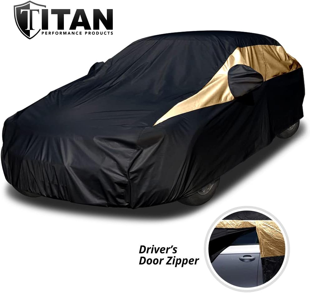 Titan Jet Black Poly 210T Car Cover for Sedans 186-202". Waterproof, UV Protection, Scratch Resistant, Driver-Side Zippered Opening. Fits Camry, Accord and More.