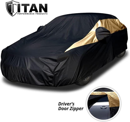 Titan Jet Black Poly 210T Car Cover for Sedans 186-202". Waterproof, UV Protection, Scratch Resistant, Driver-Side Zippered Opening. Fits Camry, Accord and More.