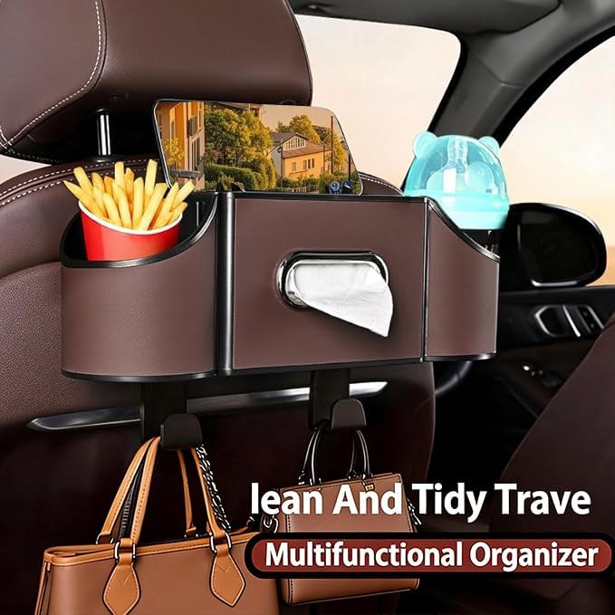 Back Seat Car Organizer,4 in 1 Multifunctional Car Back Seat Storage Box with Drink Cup Holder Tissue Box, for Hold Phone,Snacks, Drinks, Handbag-Black