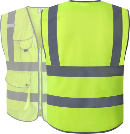 JKSafety 9 Pockets Class 2 High Visibility Zipper Front Safety Vest With Reflective Strips,Meets ANSI/ISEA Standard (Large, 150-Yellow) - Colors A