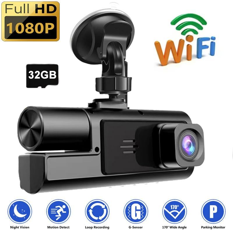 1080P Dual Dash Camera for Car Front and Inside Dashcam Car Security Video Recorder,170°Wide Angle Vehicle Cam,WDR,G-Sensor,2’’ IPS Screen,Loop Recording,Night Vision (Dual Dash Cam Without Card)