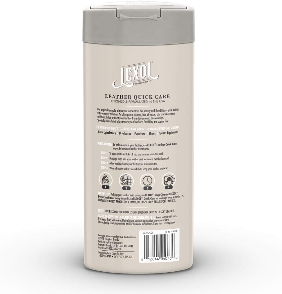 Lexol All Leather Quick Care All-in-One Formula, Best Leather Cleaner and Conditioner, for Use on Apparel, Furniture, Auto Interiors, Shoes, Bags, 30-Count Sheet Wipes,E301500100 , white