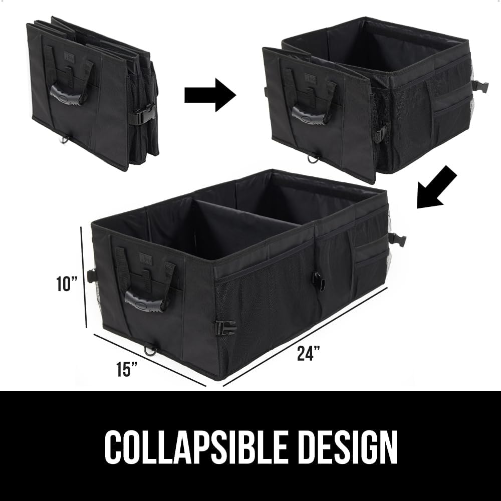 GORILLA GRIP Trunk Organizer for SUV and Cars, Large Capacity Collapsible Car Trunk Storage Organizer, Heavy Duty Car Accessories, Gifts for Mom and Dad, Slip & Water Resistant Multi Compartment Black