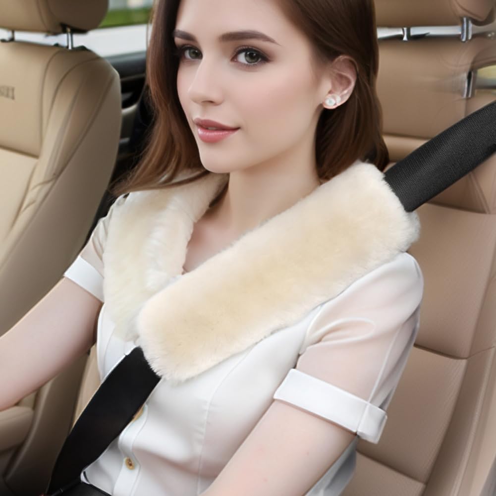 AOGELAN 2 Pack Black Fluffy Fuzzy Genuine Sheepskin Car Seat Belt Cover Pad, Seatbelt Cushion for Soft Auto Lambswool Shoulder Strap Cushion Adults (2, Black)