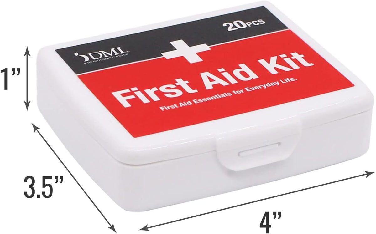 DMI First Aid Kit, Mini 20 Piece Kit, Small and Compact All Purpose Use for Minor Cuts and Scrapes, Durable Water Resistant Case, Convenient and Portable, White, 1 Count