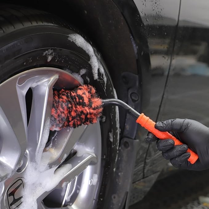 SPTA Rim Cleaner Brush, 3 Pcs Synthetic Ultimate Wheel Brush Set, Flat Spoke Wheel Cleaning Brush, Car Wheel Brush, Brush for Cleaning Wheels, Safe for Cars, Trucks, SUVs, RVs, Motorcycles & More