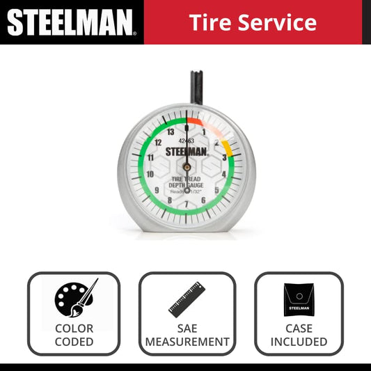 Steelman Dial-Type Color-Coded Tread Depth Gauge, Identifies Tire Wear, Durable Powder-Coated Zinc Alloy Casing for Professional or Home Auto Mechanics