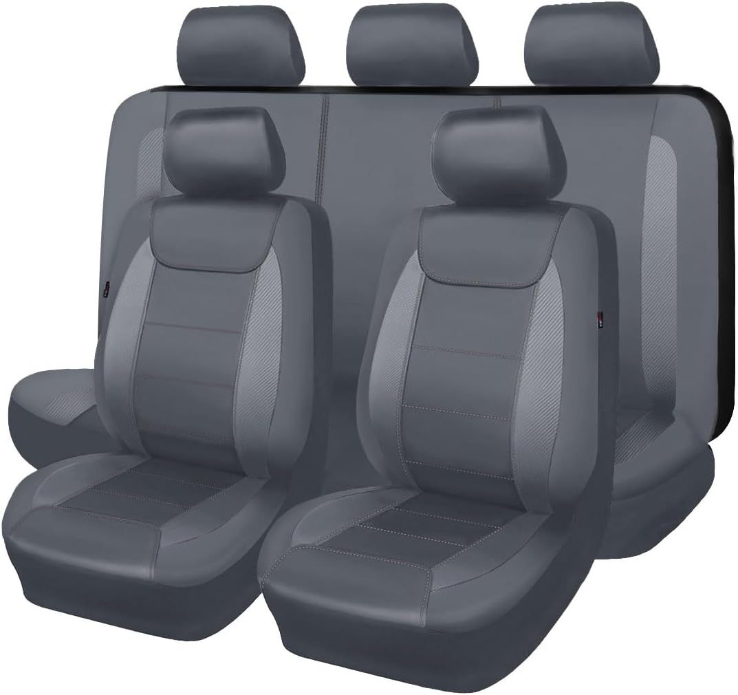 Flying Banner Carbon Fiber Leather Vehicle Seat Covers, Leopard Gray Black, Universal Fit - 8PCS