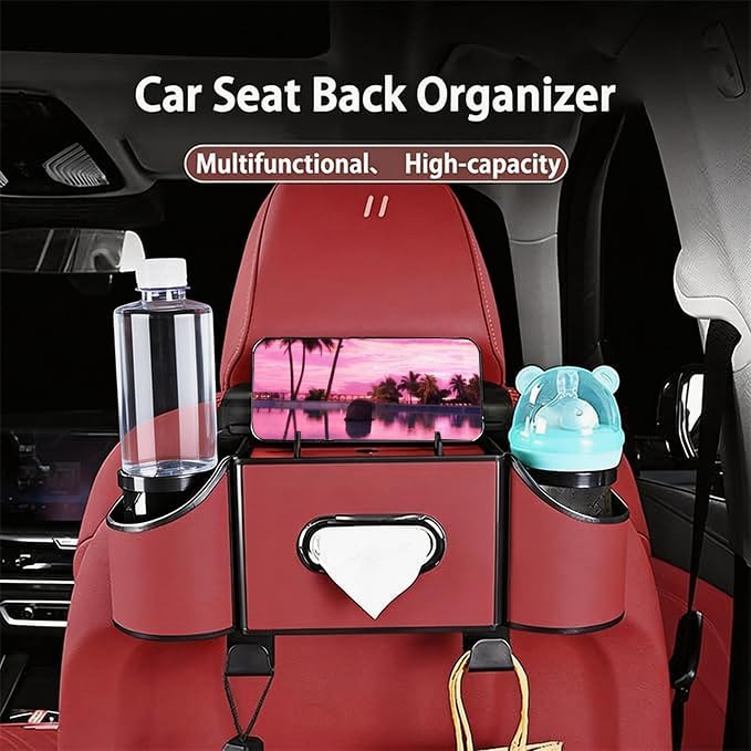 Back Seat Car Organizer,4 in 1 Multifunctional Car Back Seat Storage Box with Drink Cup Holder Tissue Box, for Hold Phone,Snacks, Drinks, Handbag-Black