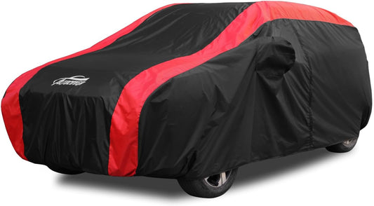 Car Cover Waterproof All Weather Protection with Red Stripe Design, Universal Fit Toyota Camry Solara, Ford Fusion, Kia Stinger Optima, Nissan Maxima, VW Passat, Subaru Legcy