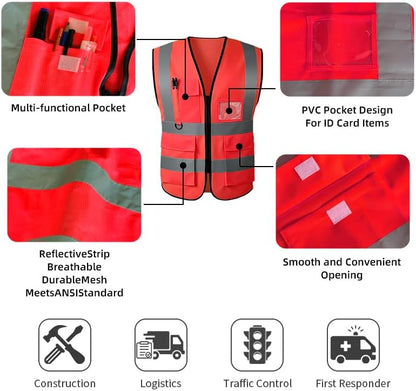 Reflective Safety Vest for Women Men High Visibility Security With Pocket Zipper Front Meet ANSI/ISEA Standard