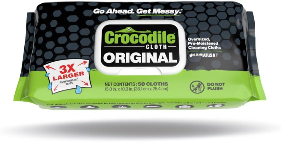 Crocodile Cloth Original Cleaning Wipes, Heavy-Duty Multi-Surface Hand & Tool Wipes, Water-Based, Safe on Skin, 100 Count, 15 x 10 Inch