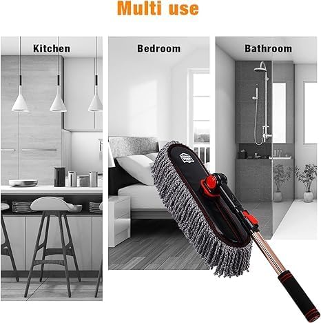 Car Duster Exterior with Extendable Handle, Scratch Free Auto Wash Brush Mop, Interior Detailing Kit for Truck RV Boat - Wax Cotton Duster & Interior Brush, Red