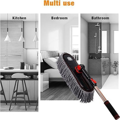 Car Duster Exterior with Extendable Handle, Scratch Free Auto Wash Brush Mop, Interior Detailing Kit for Truck RV Boat - Wax Cotton Duster & Interior Brush, Red