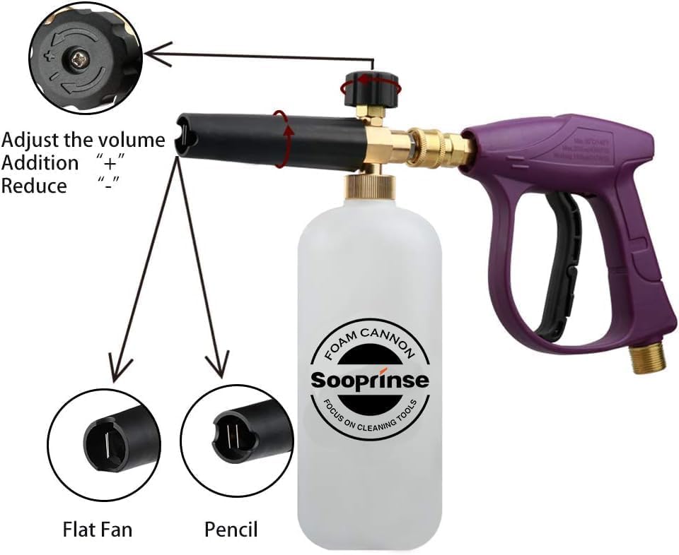 Sooprinse Foam Cannon Kit with Pressure Washer Short Gun, 1 L Snow Foam Lance with 1/4 Inch Quick Connector, Foam Blaster with Pressure Washer Gun,4000 PSI, Black