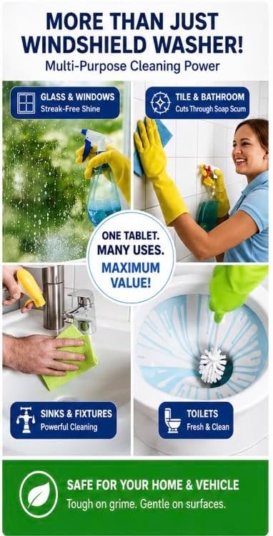 Windshield Washer Tablets – Concentrated Windshield Cleaner for Cars, Streak-Free Glass Cleaning Tablets, Easy-Mix Formula, Eco-Friendly 12 Pack