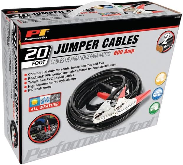 Performance Tool W1675 10ft 4GA Lighted Jumper Cables - Tangle-Free, Heavy Duty Clamps, Suitable for Trucks, SUVs, and Other Large Vehicles