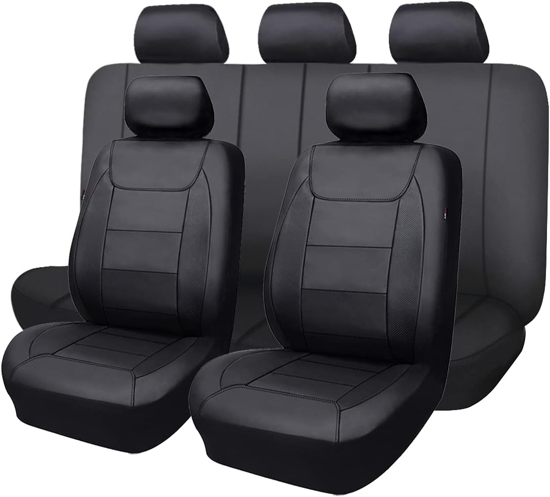 Flying Banner Carbon Fiber Leather Vehicle Seat Covers, Leopard Gray Black, Universal Fit - 8PCS