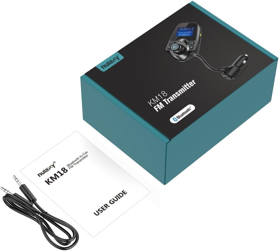 Nulaxy KM18 Bluetooth 5.4 Car Adapter with 1.44" Clear Display & Flexible Gooseneck - FM Radio Transmitter & Bluetooth Receiver for Hands-Free Calls, Wireless Music via BT/FM/AUX/TF, USB Car Charger