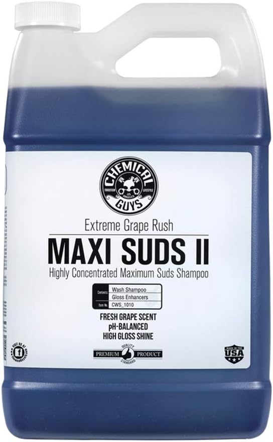 Chemical Guys CWS/1010/64 Maxi-Suds II Foaming Car Wash Soap (Works with Foam Cannons, Foam Guns or Bucket Washes) Safe for Cars, Trucks, Motorcycles, RVs & More, 64 fl. Oz (Half Gallon), Grape Scent
