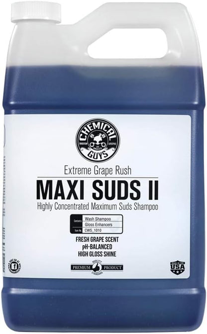 Chemical Guys CWS/1010/64 Maxi-Suds II Foaming Car Wash Soap (Works with Foam Cannons, Foam Guns or Bucket Washes) Safe for Cars, Trucks, Motorcycles, RVs & More, 64 fl. Oz (Half Gallon), Grape Scent