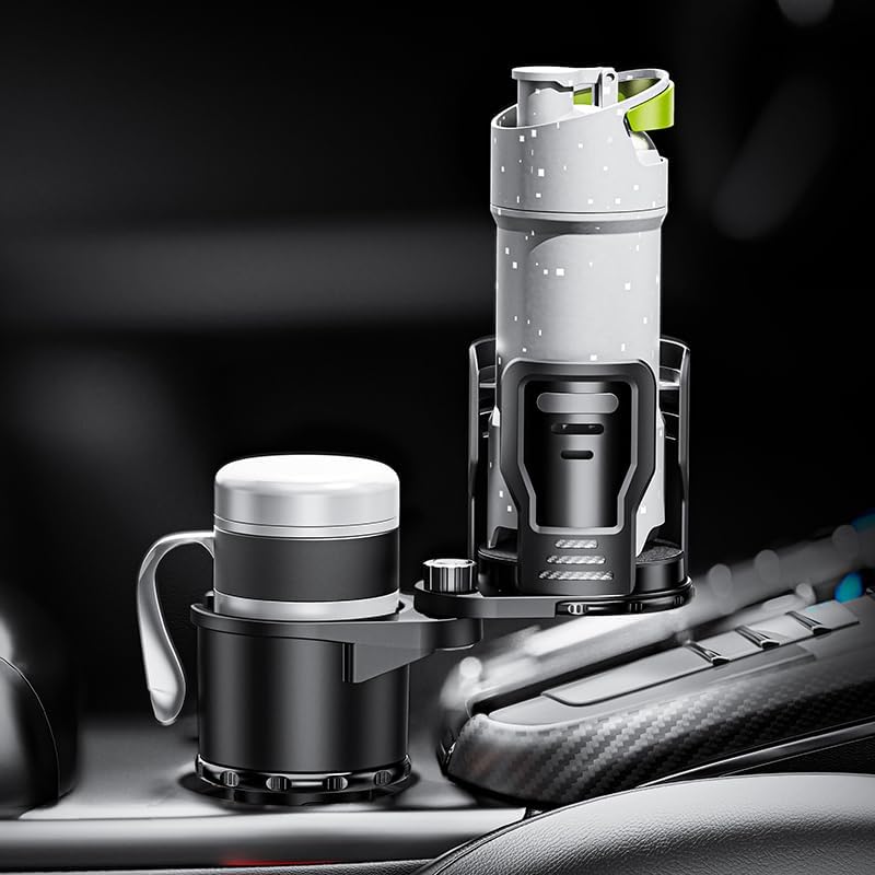 Upgrade Dual Cup Holder Expander, 2 in 1 Multifunction Cup Holder for Car with Lock, 360° Rotating Car Cup Drink Holder with Adjustable Base, Cupholder Expander for Large Water Bottles, Cups