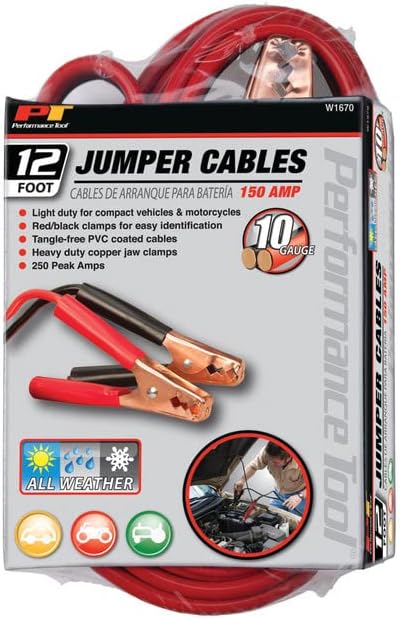 Performance Tool W1675 10ft 4GA Lighted Jumper Cables - Tangle-Free, Heavy Duty Clamps, Suitable for Trucks, SUVs, and Other Large Vehicles