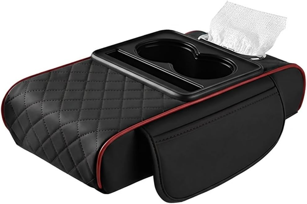 Zpana Car Center Console Armrest Pillow, Memory Foam Leather 4 in 1 Vehicle Arm Rest Cover with Tissue Box 2 Side Storage Bag Cup & Phone Holder, Auto Armrest Cushion, Universal Fit (Black)