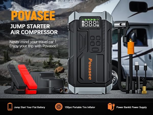 Povasee Jump Starter 5000A Car Jumper Starter, Model A30 12V Jump Box for Car Battery up to 10L Gas or 8L Diesel Engine Battery Jumper Starter Portable with Power Bank/Dual Output/LED Light
