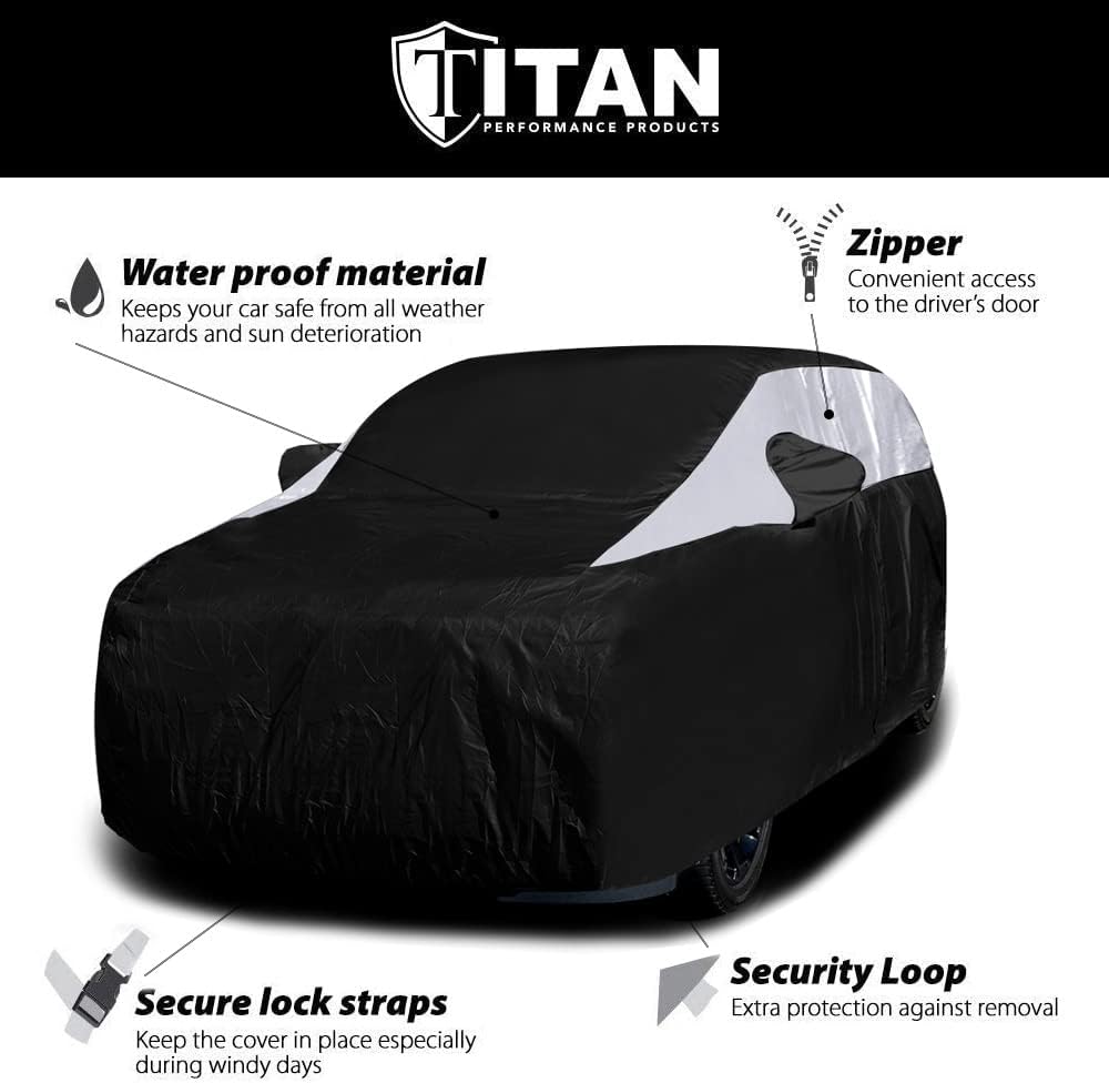 Titan Jet Black Poly 210T Car Cover for Sedans 186-202". Waterproof, UV Protection, Scratch Resistant, Driver-Side Zippered Opening. Fits Camry, Accord and More.
