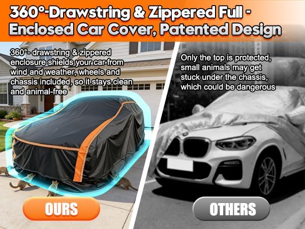 Patented Fully Enclosed Car Cover Waterproof All Weather 2-in-1 for Chevrolet/Chevy Corvette,Honda Civic,Toyota Corolla Automobiles Universal Fit Sedan/Coupe/Cabrio Length 178-185 Inch Exterior Covers