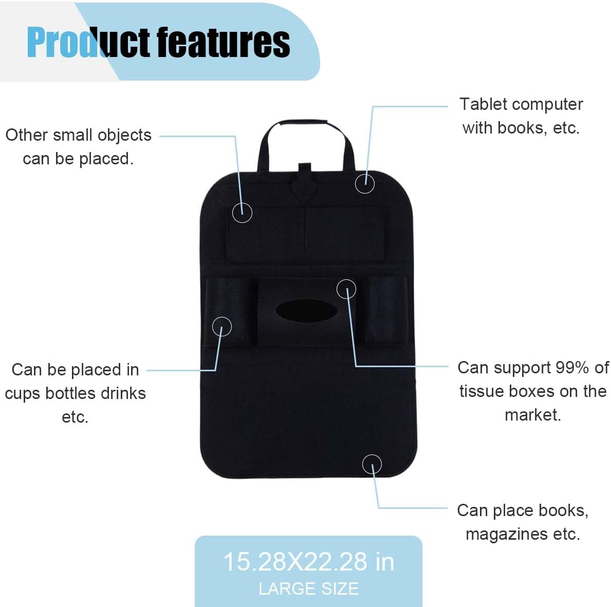 LAINLOY Felt Car Seat Back Organizer, Kick Mats Car Back Seat Protector for Kids, 6-Pocket Storage for Tissue, Box, Pen, Toy, Automobile Road Trip Accessories for SUV, RV, Truck (Black)