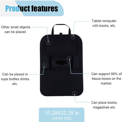 LAINLOY Felt Car Seat Back Organizer, Kick Mats Car Back Seat Protector for Kids, 6-Pocket Storage for Tissue, Box, Pen, Toy, Automobile Road Trip Accessories for SUV, RV, Truck (Black)