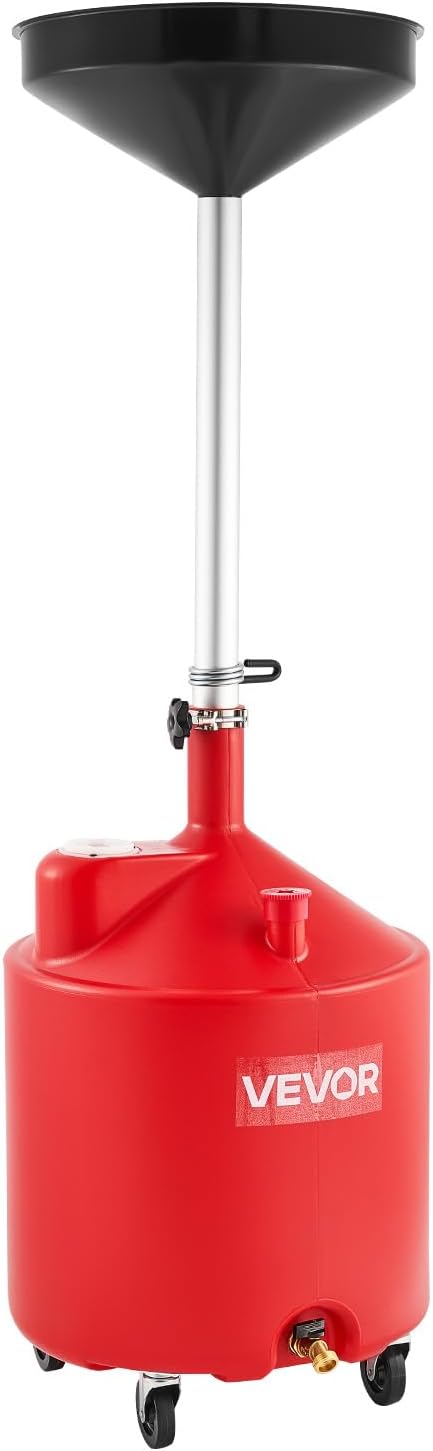 VEVOR Oil Drain Container, 20 Gallon Waste Oil Drain Tank, Portable Oil Lift Drain Pan Air Operated Drainer, Fluid Fuel Drainage Adjustable Funnel Height with Pressure Regulating Valve & Wheel