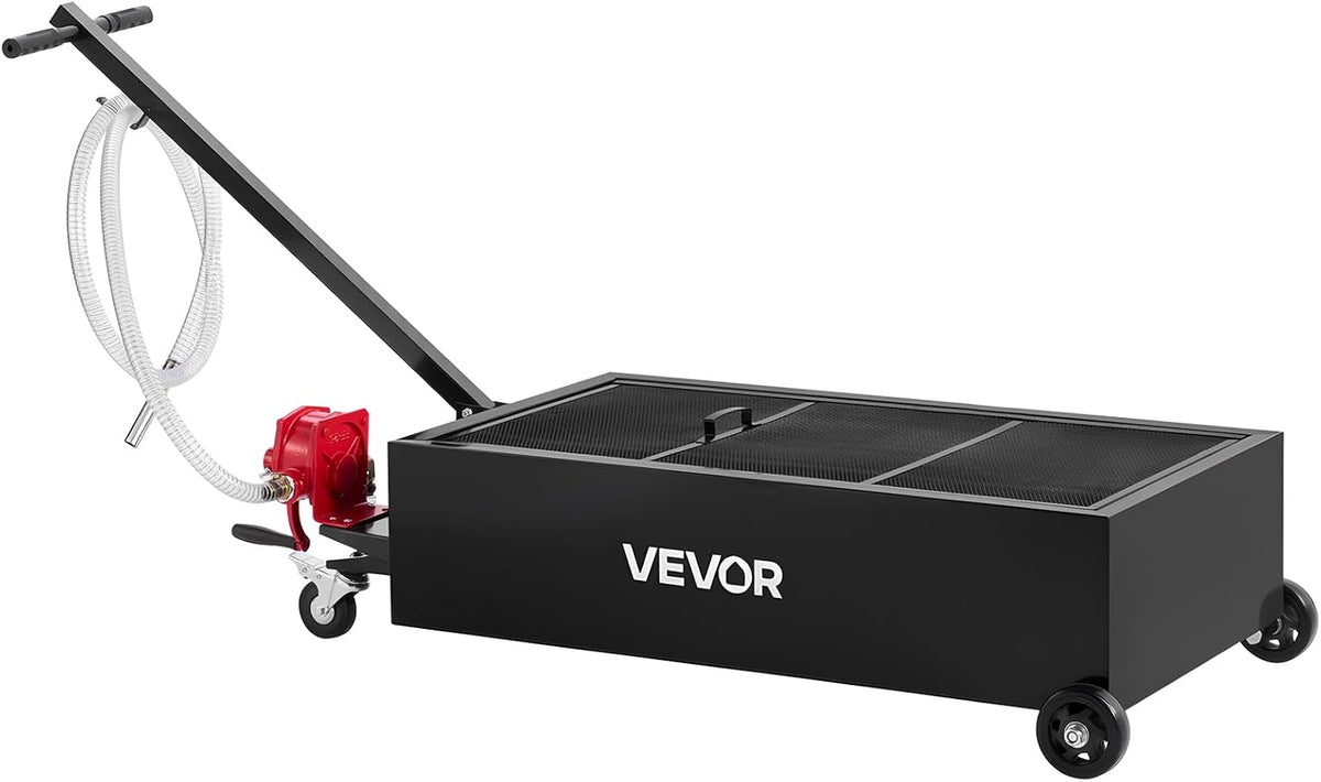 VEVOR Low Profile Oil Drain Pan, 20 Gallon Capacity, Rolling Oil Drain Pan with Manual Pump, 7.2 ft Hose & T Folding Handle, Leak-Proof & Corrosion-Resistant, Fit for Cars, SUVs, Trucks, ATVs, Red