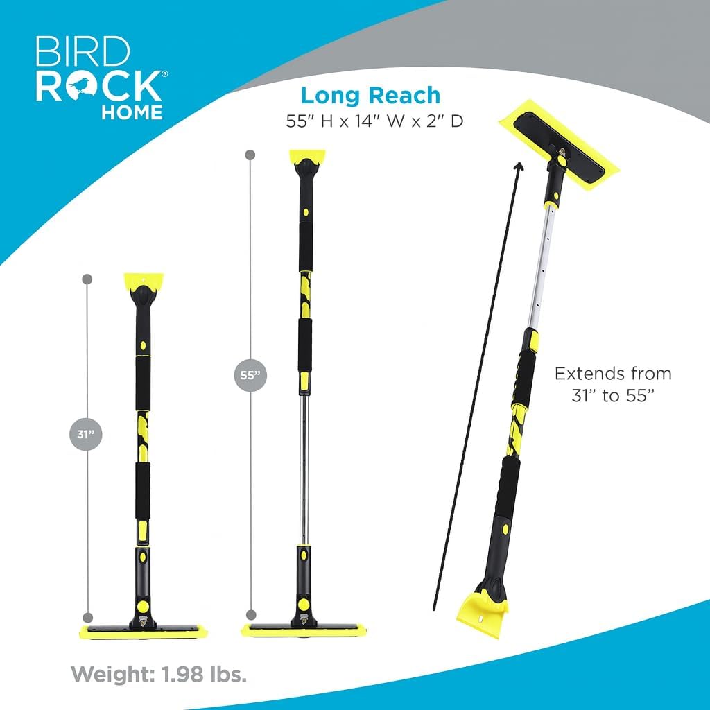 BIRDROCK HOME 55" Extendable Snow Brush & Ice Scraper for Car Windshield - Long Aluminum Grip for Truck, SUV - 14" Foam Head - Safe on Auto & Windows - Wide Frost Remover - Yellow