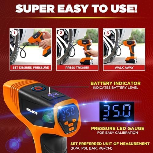 BULLSEYE PRO Tire Inflator with Pressure Gauge, Compact and Portable, Automatic Shut Off, 150 PSI Max, USB Home Rechargeable and Cord for Vehicular Use As Seen On TV (9475)