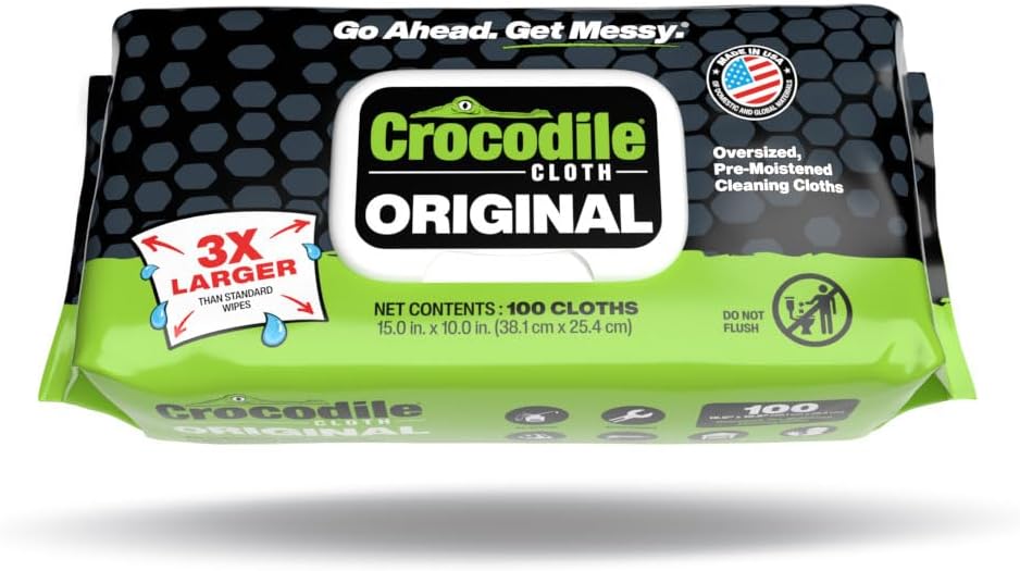 Crocodile Cloth Original Cleaning Wipes, Heavy-Duty Multi-Surface Hand & Tool Wipes, Water-Based, Safe on Skin, 100 Count, 15 x 10 Inch