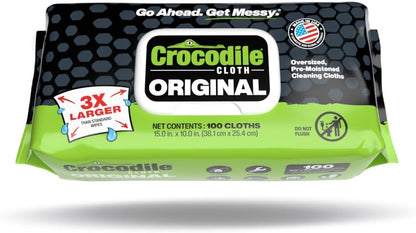 Crocodile Cloth Original Cleaning Wipes, Heavy-Duty Multi-Surface Hand & Tool Wipes, Water-Based, Safe on Skin, 100 Count, 15 x 10 Inch