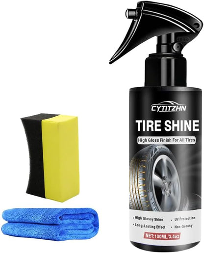 Tire Shine Spray – Deep Black, High Gloss & UV Protection – Fast-Drying, Non-Greasy, Water-Repellent for Cars, Trucks, SUVs, RVs – Includes Pad & Towel, 3.4 fl oz
