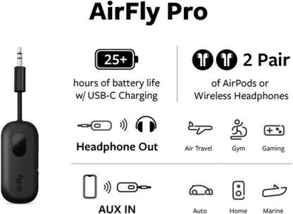 AirFly Pro 2 Deluxe – Bluetooth Adapter for Airplane, Pair 2 AirPods or Wireless Headphones – 3.5mm AUX Bluetooth Transmitter/Receiver for Cars, Boats, Treadmills, TVs – Airplane Travel Essentials