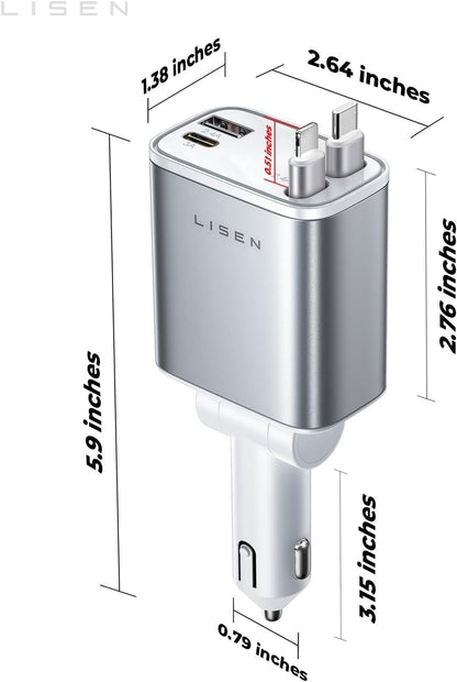 LISEN Retractable Car Charger, 84W Car Charger USB C Fast Charger, Cigarette Lighter USB Charger Adapter, Car Accessories Birthday Gifts for Men Women Dad Mom Husband, for iPhone 17 16 15 14 13 12 11
