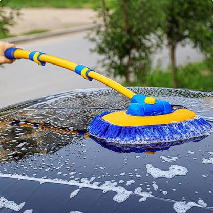 57'' Car Wash Brush with Long Handle Chenille Microfiber Car Wash Kit， Mitt Retractable Bent Pole Car Wash Brush for Cars RV Truck Boat (Yellow)