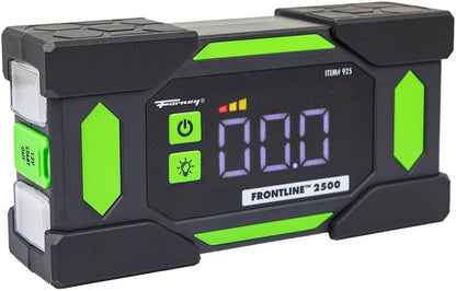 Forney Frontline 2500 Lithium Jump Starter Power Bank | 2500 peak amps 12V battery booster for gas and diesel engines. Features 60W USB C power delivery and a built in flashlight.