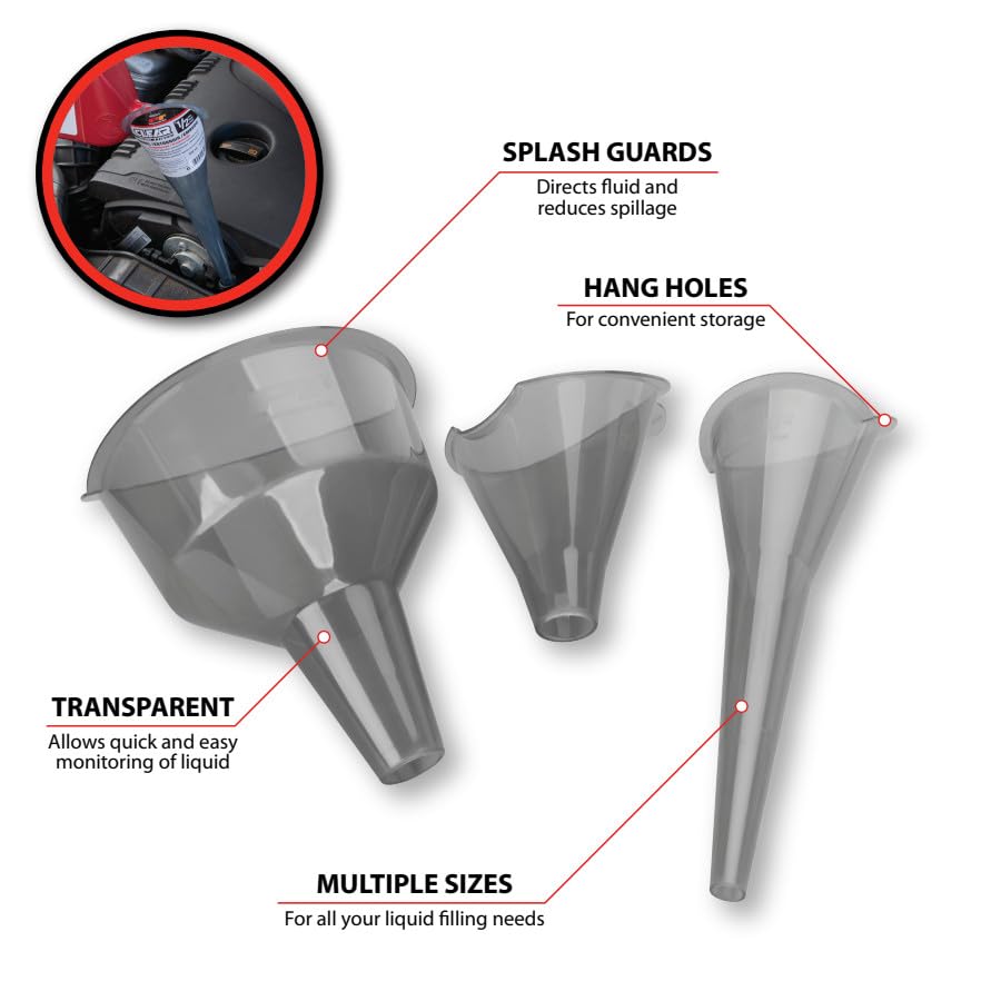 Performance Tool W4053 Clear View Easy-Fill Funnel Set (3 Pieces) - Versatile Liquid Filling Solutions