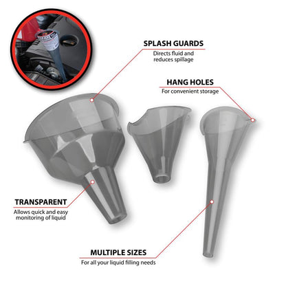 Performance Tool W4053 Clear View Easy-Fill Funnel Set (3 Pieces) - Versatile Liquid Filling Solutions