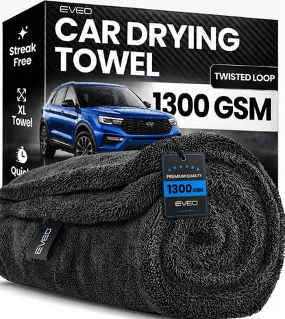 EVEO Car Drying Towel - (1300 GSM) XL Drying Towels Car Detailing - Car Microfiber Towel (36"x24") Microfiber Drying Towels for Cars Towels Drying, Car Wash Towels, No Scratch, Ultra Absorbent - Grey
