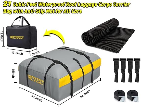 WILDROAD Car Roof Bag Rooftop Cargo Carrier, 21 Cubic Feet Waterproof Roof Luggage Cargo Carrier Bag with Anti-Slip Mat for All Cars Vehicles SUV with/Without Rack (21 Cubic Feet)
